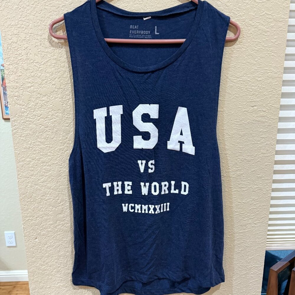 BEAT EVERYBODY - USA vs the World - blue muscle tank - L